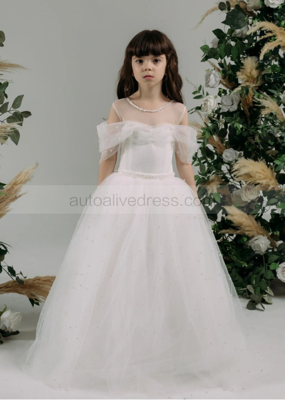 Cold Shoulder Ivory Pearls Tulle Flower Girl Dress